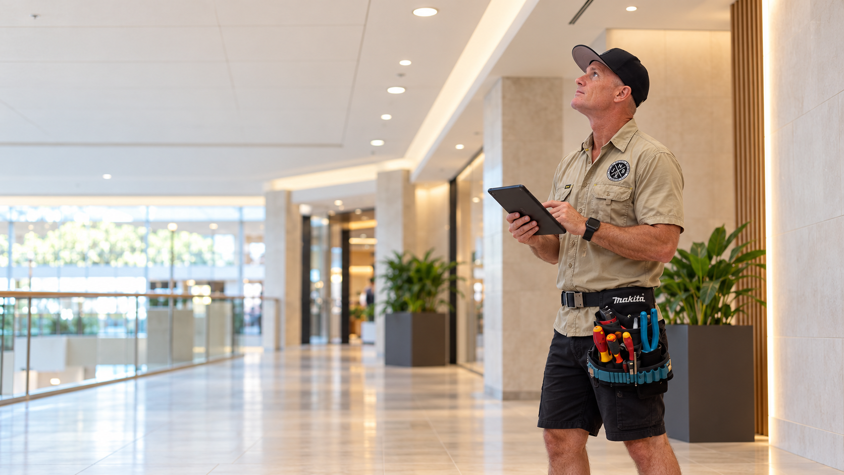 JNB Group electrician completing a lighting inspection in a commercial building