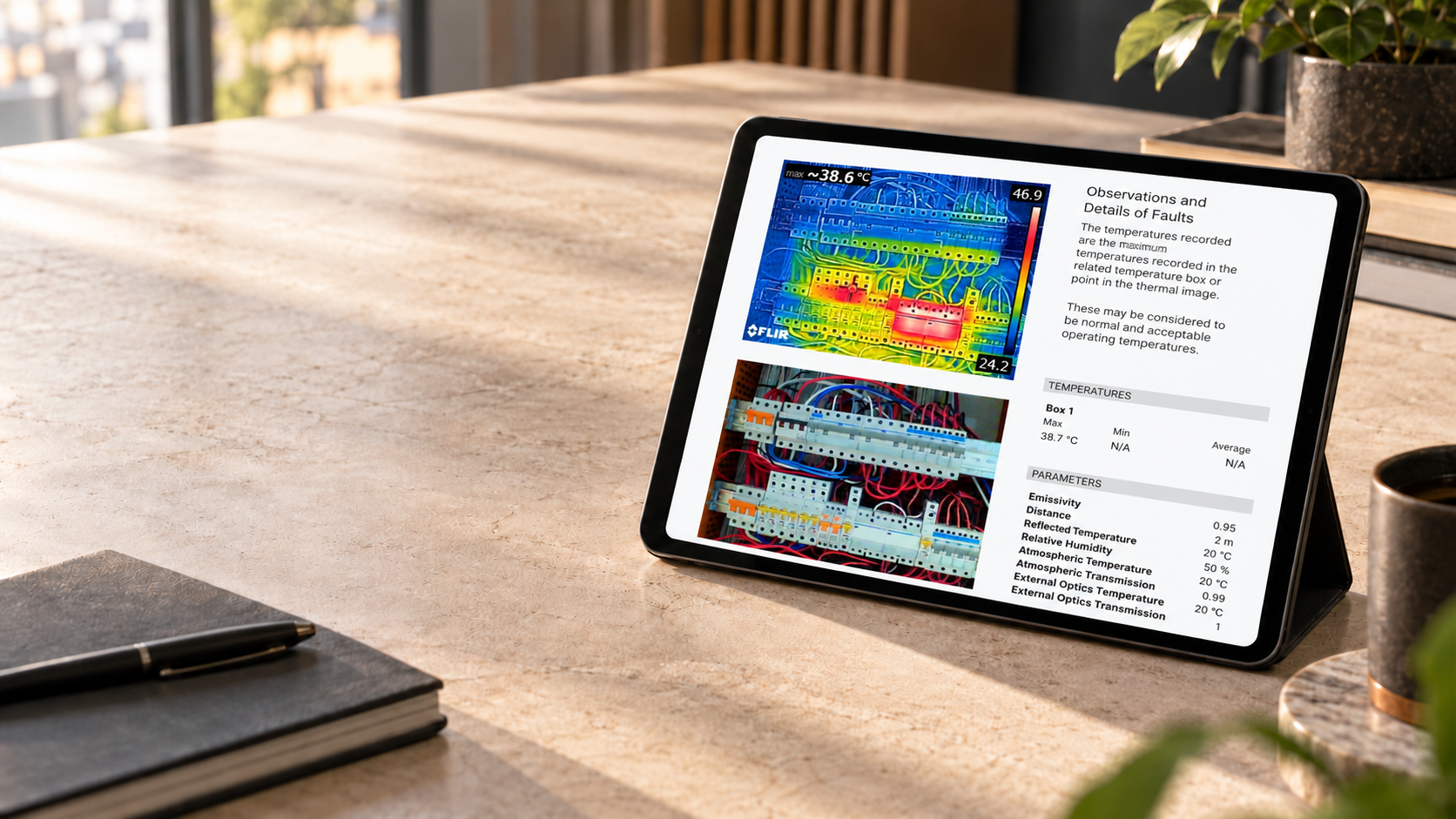 An anonymised thermal inspection report displayed on a tablet